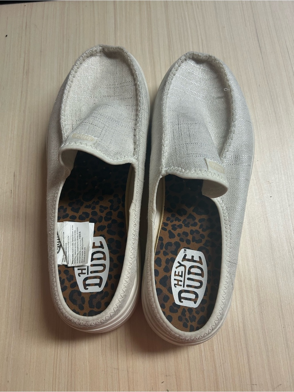 Hey Dude Women's Slip-On Flats in Light Tan with Leopard Insole